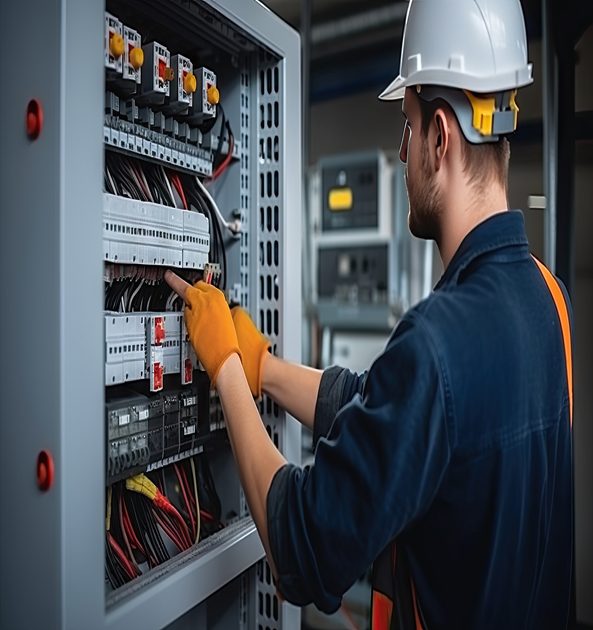 Electrician engineer with plan to check electrical supply in front of control fuse switchboard