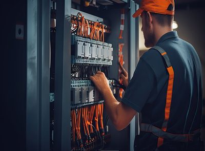 Electrician engineer with plan to check electrical supply in front of control fuse switchboard